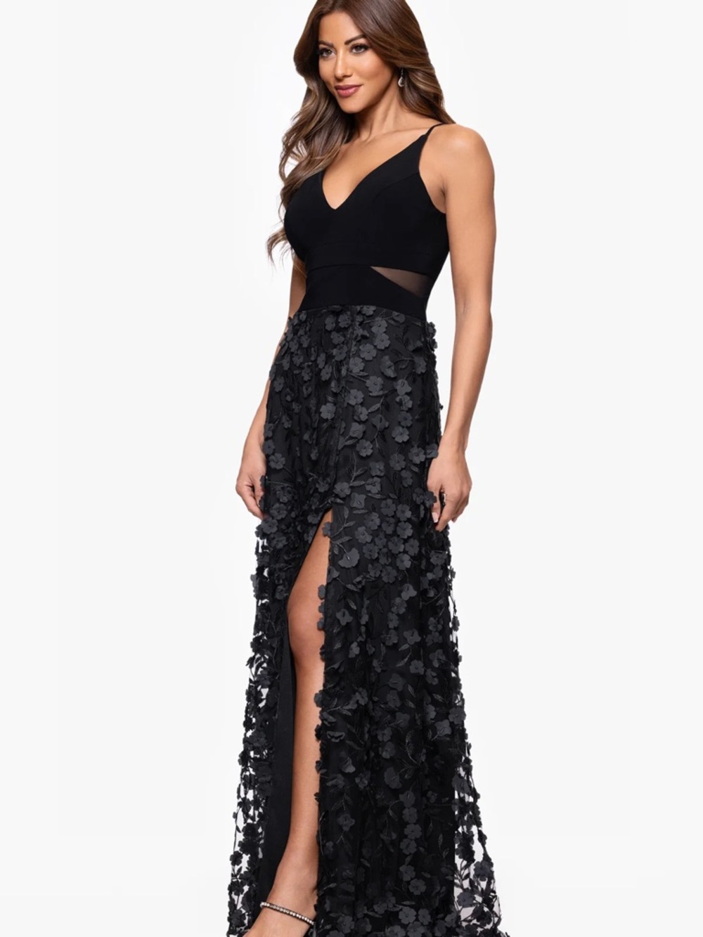 Xscape Black Floral Appliqué V-Neck Maxi Dress with Slit - Picture 4 of 11